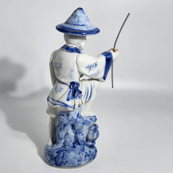 Blue White Porcelain Fisherman Figurine With Fishing Pole Fish On Base Vintage - Picture 3 of 12
